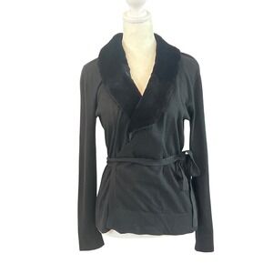 Lafayette 148 New York Black Cashmere Wrap Cardigan Faux Fur Collar Belted S